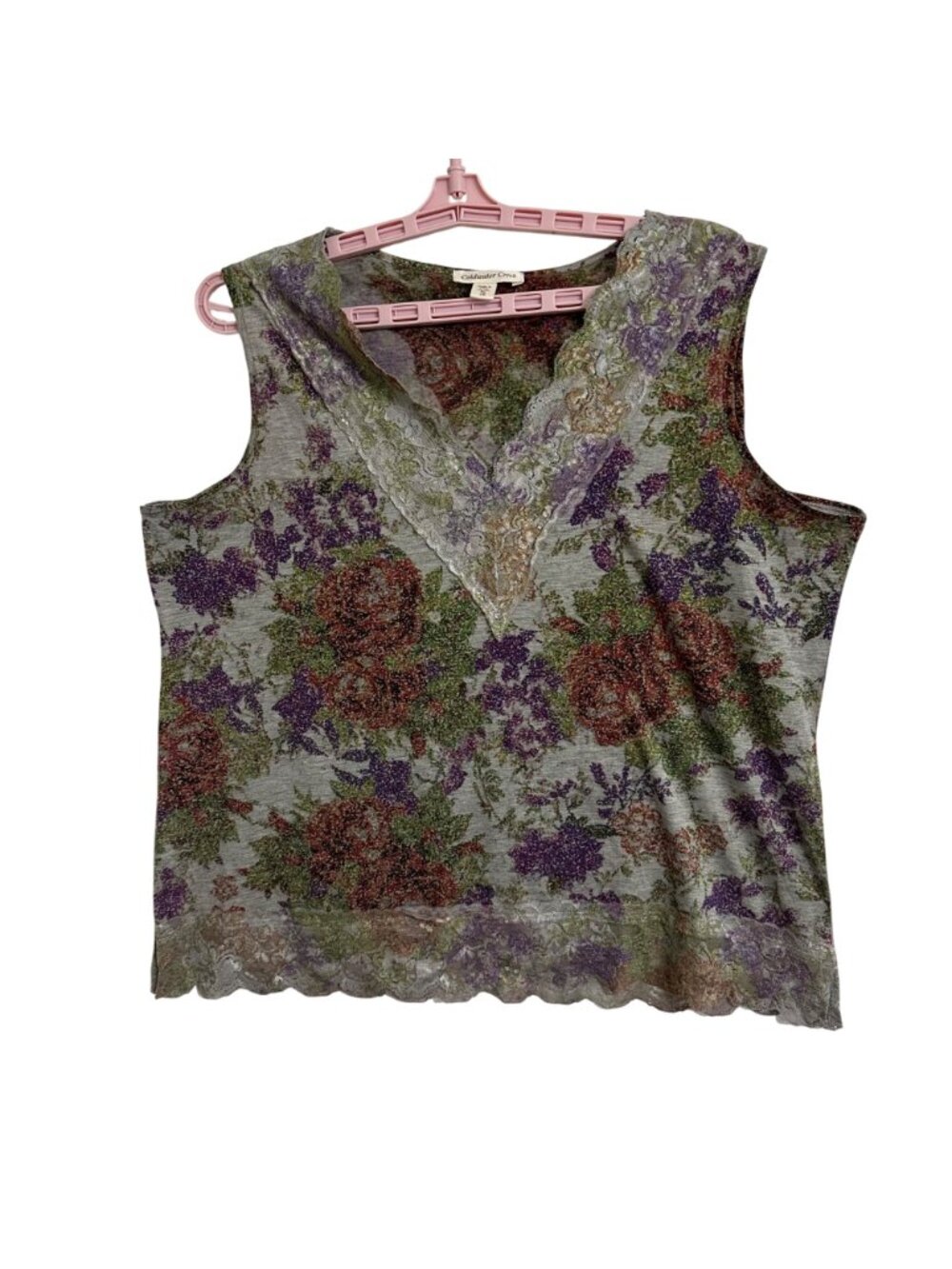 Coldwater Creek XL Sleeveless Dark Floral Lace Trim Top Boho Fairy Made In USA - Picture 2 of 8